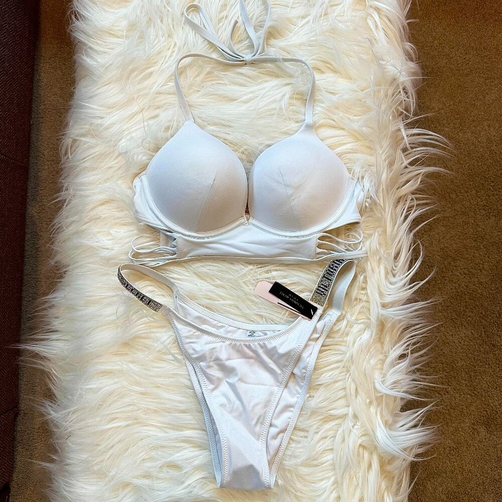 Victoria's Secret Longline Strappy Bikini Top & Rhinestone Shine Bottoms 32C | M